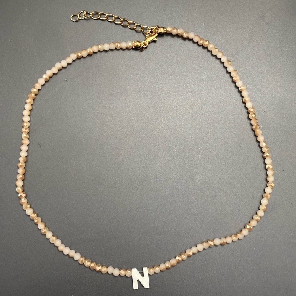 Anthropology Elegant Gold and Cream Beaded Necklace with Initial Pendant NIB
